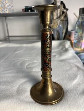 8” Vintage Brass & Enamel Cloisonne Candlestick Holder